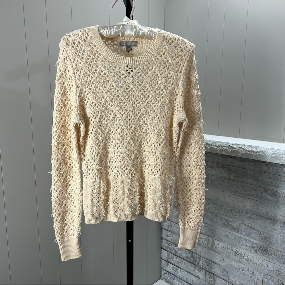 J. Crew Pointelle Crewneck Fringe Detail Open Knit Warm Sesame Sweater S NWT